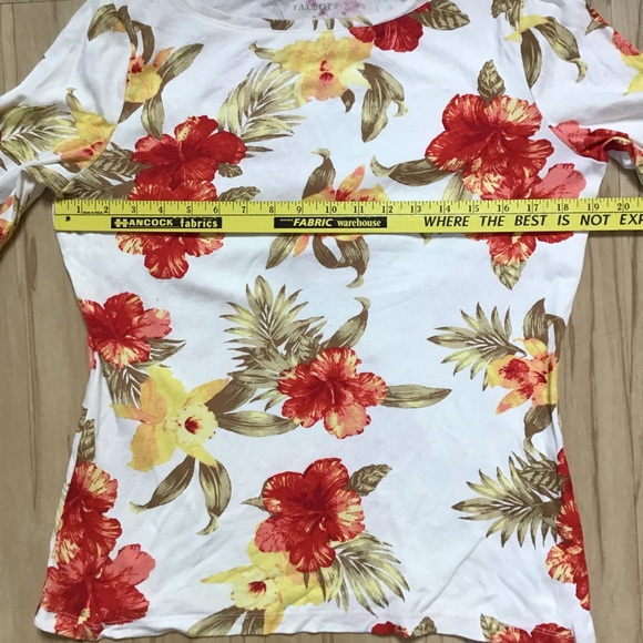 Talbots Tropical Flower Red Orange Yellow Hibiscus 100% Cotton 3/4 Sleeve Shirt - Picture 3 of 11
